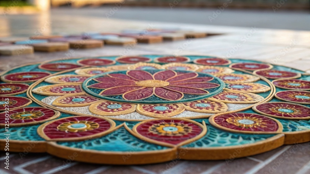 Poster a medium closeup of circular tiles arranged in a mandalalike formation with rich colors and intricat