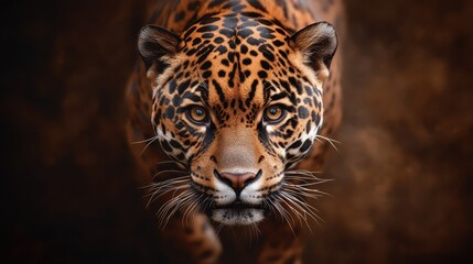 Fototapeta premium This striking image of a focused leopard in motion illustrates the powerful presence and intensity of this wild feline, emphasizing its strength and agility in the natural world.