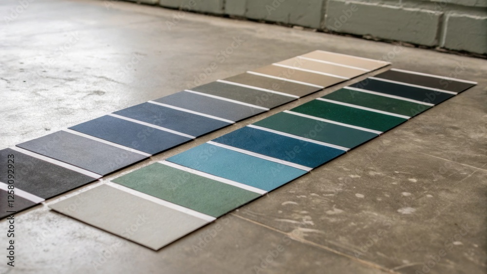 Poster a medium closeup of color samples laid out next to a concrete floor showcasing the range of shades a
