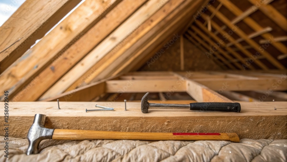 Poster a medium closeup of exposed rafters and insulation in the attic highlighting the careful renovations