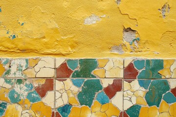 Textured yellow wall with crumbling paint above mosaic tiles