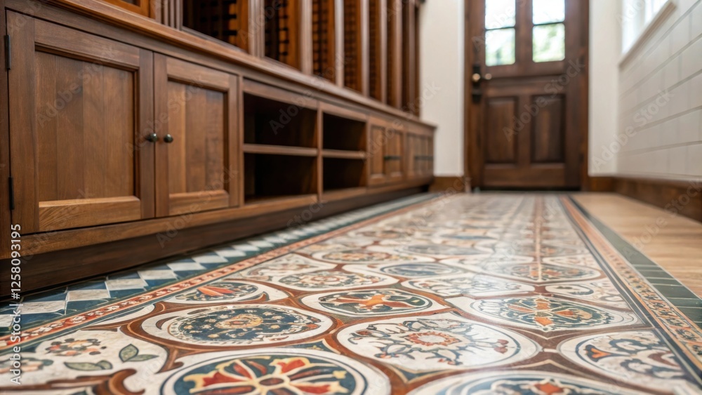 Poster a medium closeup of intricate tile work on the mudroom floor contrasting beautifully with the rich w