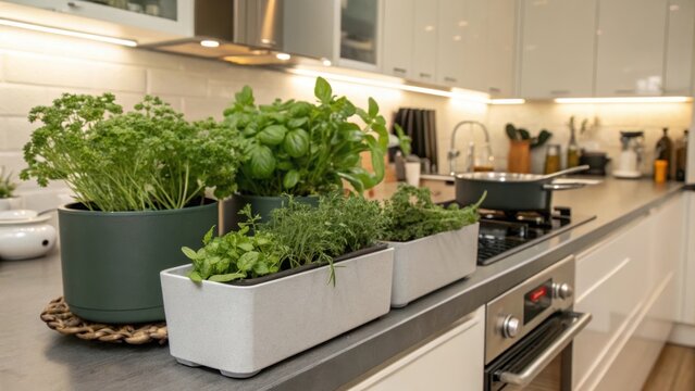 A medium closeup of herb planters integrated into the kitchen design emphasizing a seamless connection between cooking and gardening for fresh ingredients.