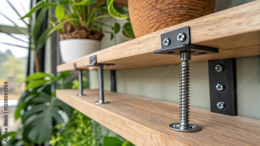 Aufkleber a medium closeup of metal screwheads securing the brackets under a floating shelf with a background 