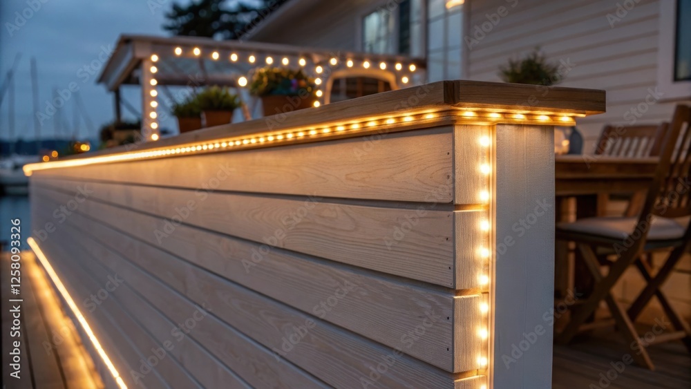 Poster a medium closeup of led ambient lighting installed along the top edge of shiplap casting a warm glow