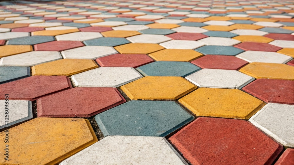 Aufkleber A medium closeup of multicolored hexagonal tiles being laid in a checkerboard formation highlighting the contrast between vibrant hues and neutral spaces.