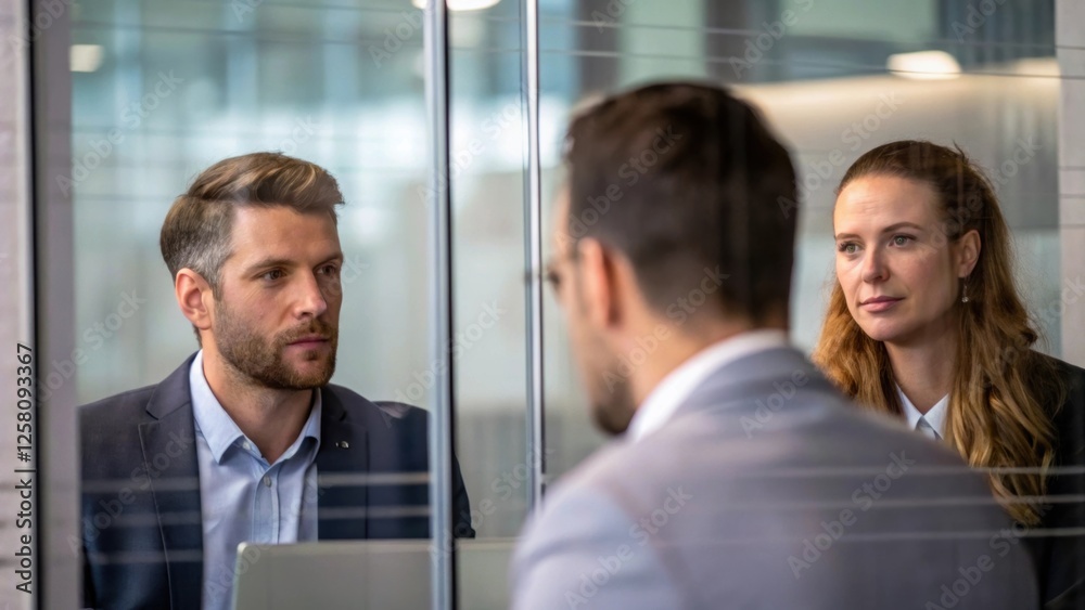 Aufkleber A medium closeup of professionals engaged in a discussion with a glass partition in the foreground creating a dynamic composition that balances privacy and openness.