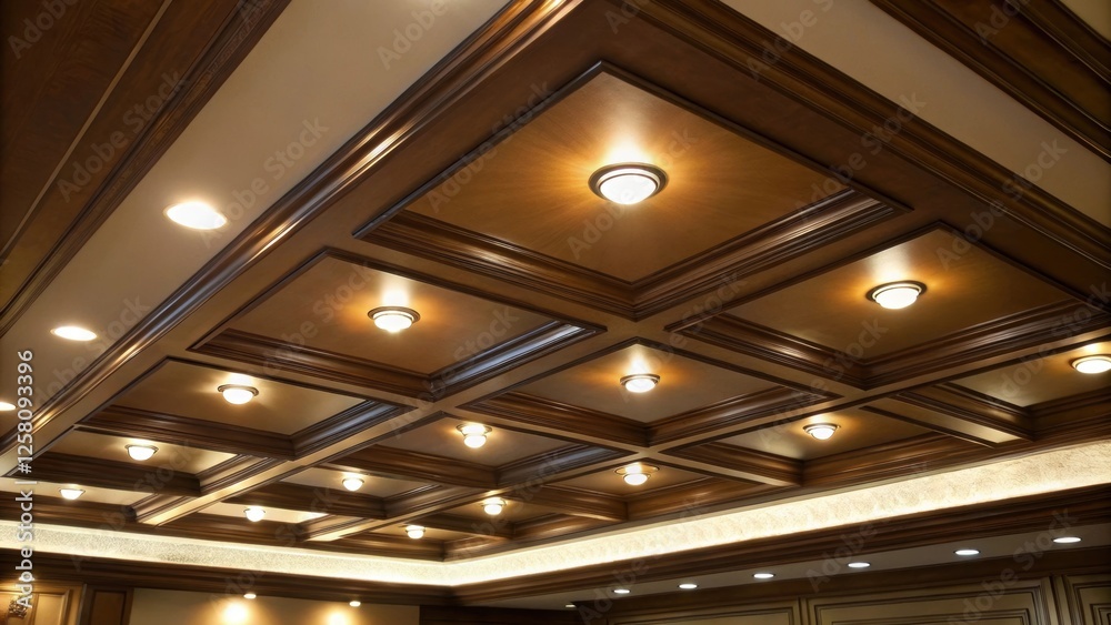 Poster A medium closeup of several installed recessed lights their polished trim reflecting light onto the drop ceiling panels creating a warm and inviting atmosphere.