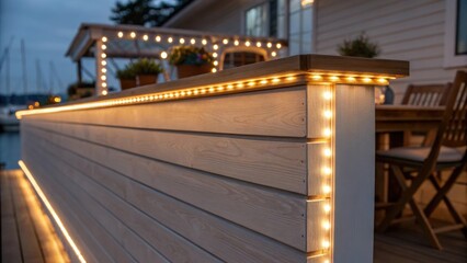 A medium closeup of LED ambient lighting installed along the top edge of shiplap casting a warm glow that enhances the nauticalinspired dÃ©cor in the evening.