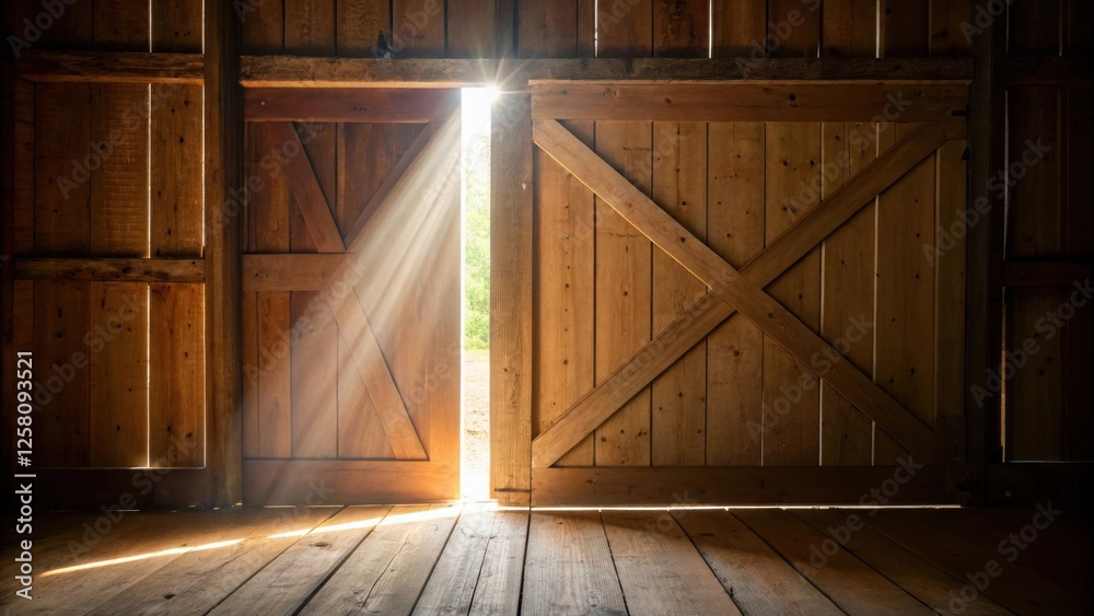 Aufkleber a medium closeup of sunlight streaming through the cracks of an open barn door illuminating the wood