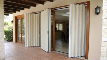 A medium closeup of the accordion doors in a partially open position displaying the layered effect and how they create an openconcept feel in the space.