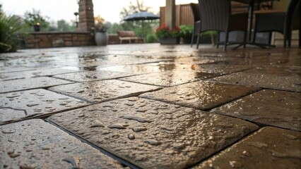 A medium closeup of textured stone tiles on a patio floor glistening from an afternoon rain demonstrating the materials durability and water resistance.