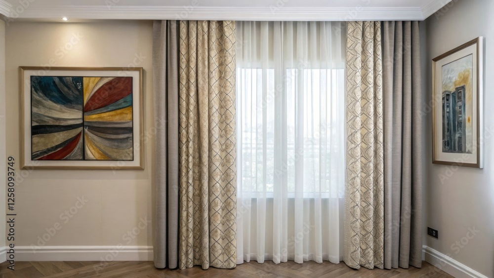 Poster a medium closeup of the finished installation where the curtains perfectly frame a contemporary piec