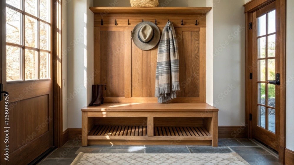 Poster A medium closeup of the entrance to a mudroom where a custombuilt bench with a hat and scarf draped over it creates an inviting atmosphere with sunlight streaming through a window.