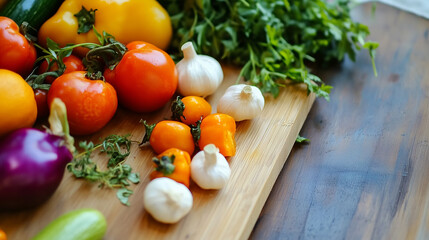farm-to-table style serving of fresh picking vegetables, on light wooden board, natural texture of products. photorealistic view