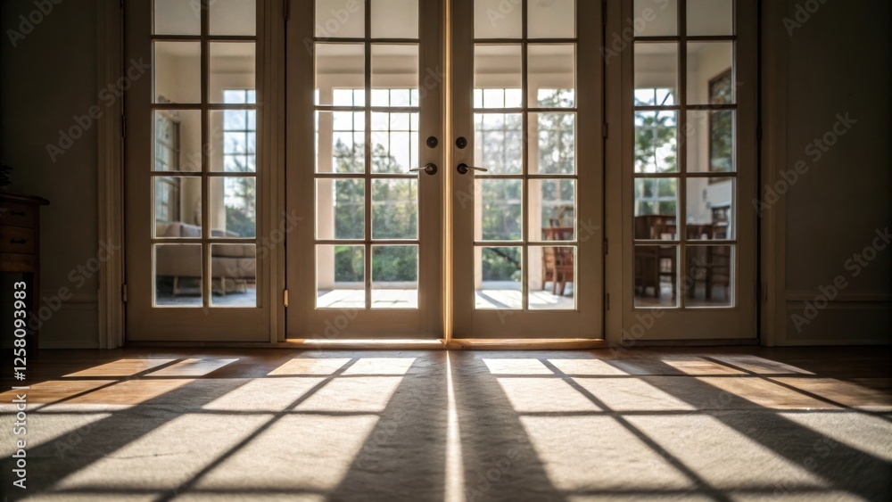 Poster a medium closeup of the light filtering through the glass panes of the french doors casting playful 