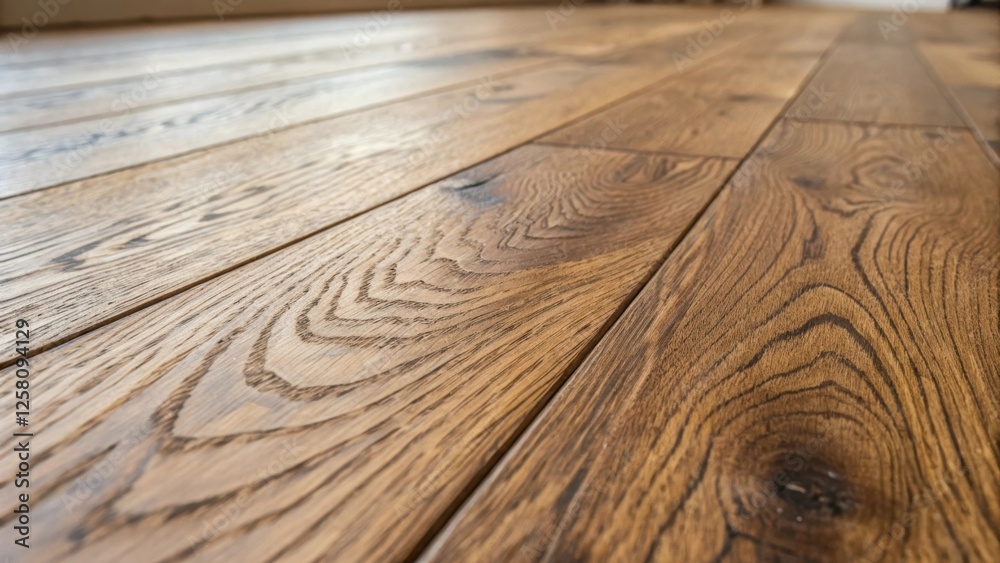 Poster a medium closeup of the textured surface of a newly installed hardwood plank highlighting the rich w