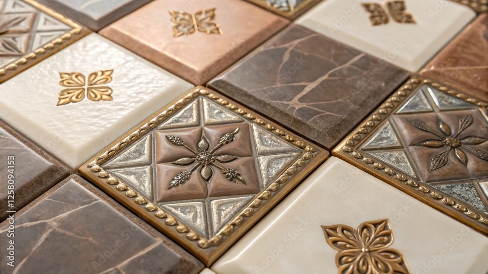 Poster A medium closeup of tiles embedded with metallic accents amidst a backdrop of subdued colors highlighting the unexpected elegance of the material mix.