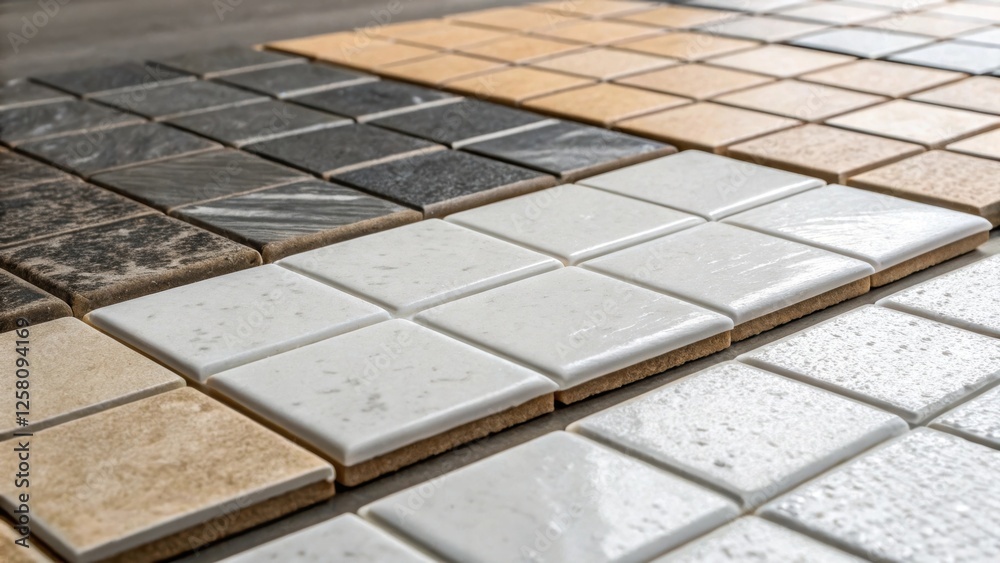 Poster a medium closeup of tiles in various texturessome matte some polishedjuxtaposed against one another 