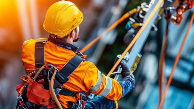 technician in safety harness works on wind turbine, showcasing skill and focus
