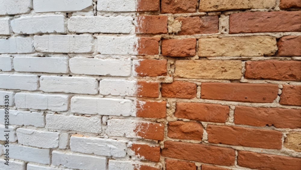 Aufkleber a medium closeup portraying a partially refinished brick wall with distinct lines of progress