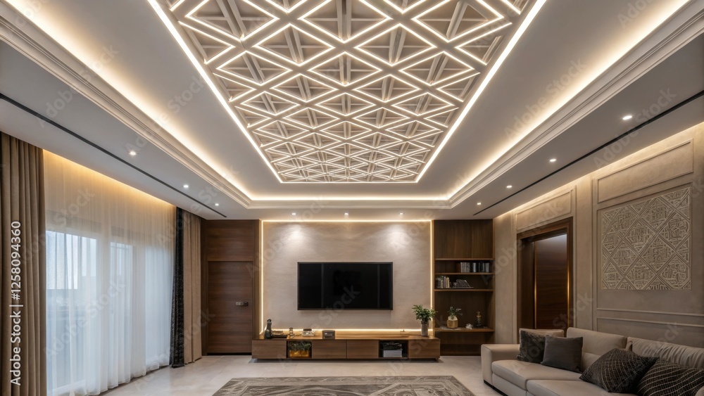 Aufkleber A medium closeup revealing a contemporary living room with a recessed ceiling where geometric patterns create a dynamic visual flow complemented by hidden LED strips.