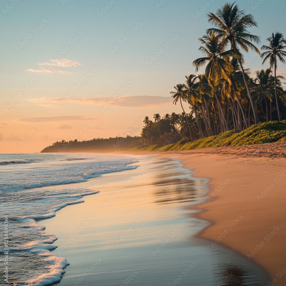 Leinwandbilder serenity at a tropical beach during sunset with gentle waves and palm trees lining the shore. genera