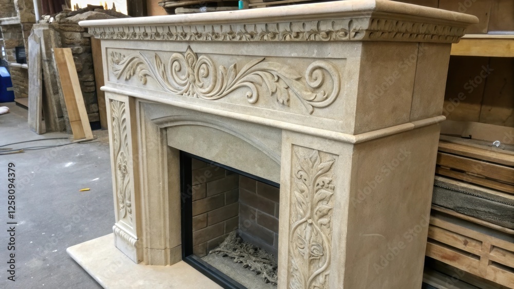 Poster a medium closeup revealing a handcrafted concrete fireplace with a subtle sheen adorned with carved 
