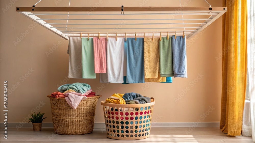 Poster a medium closeup shot of a laundry room featuring a ceilingmounted drying rack filled with a mix of 