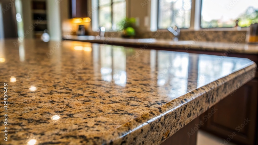 Poster a medium closeup shot capturing the rich texture of a polished granite countertop with natural light