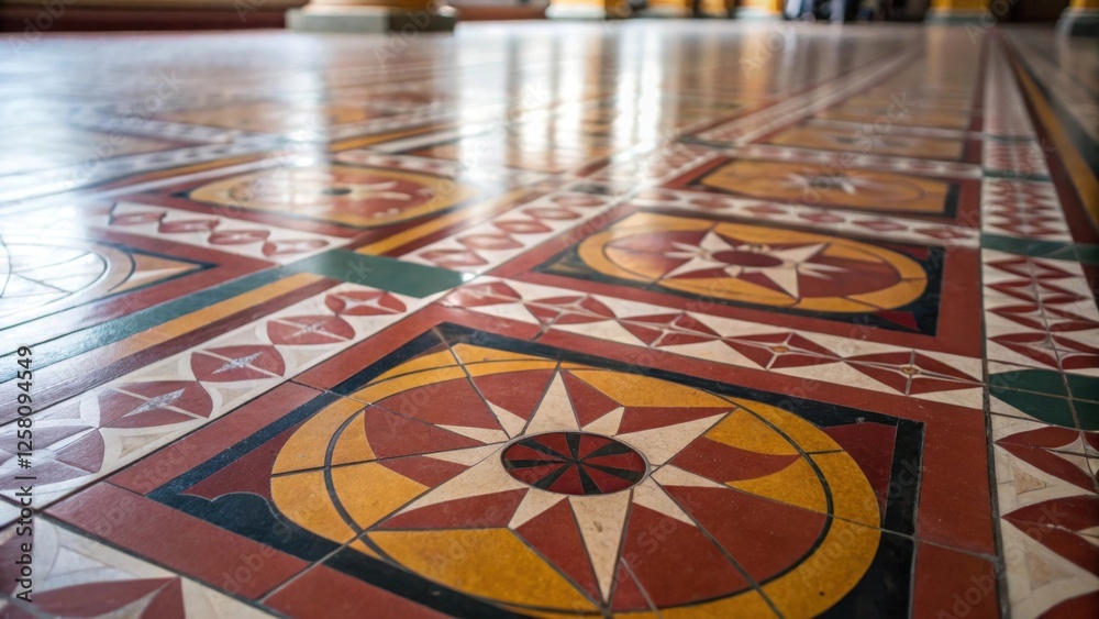 Poster a medium closeup shot capturing the texture of a finished tiled floor featuring bold geometric desig