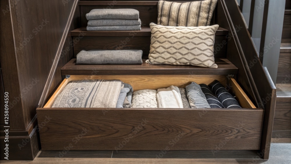 Poster A medium closeup shot of an understair drawer system featuring a dark wood finish with an open drawer displaying neatly folded blankets and decorative pillows.