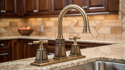 A medium closeup showcases a stylish dualhandle faucet with geometrical shapes blending modern aesthetics with classic utility in a warmtoned kitchen.