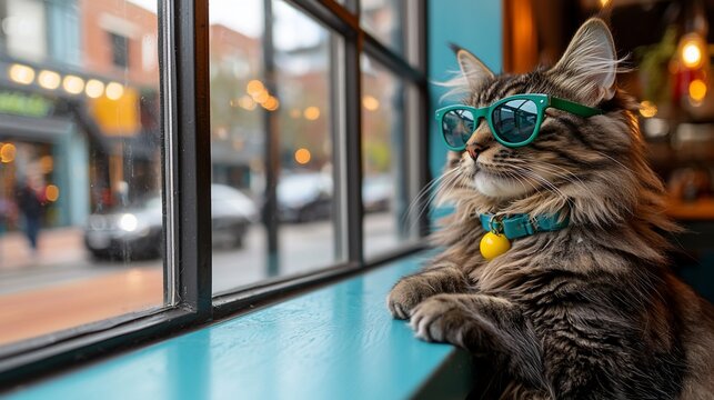 Cool cat in sunglasses at cafe window, city street view, for pet lifestyle ads