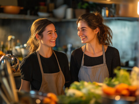 Two smiling women, possibly chefs or cooks, chat in a kitchen setting. - Powered by Adobe