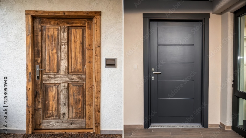Aufkleber a medium closeup showing a beforeandafter view of an old door against a newly installed modern door 