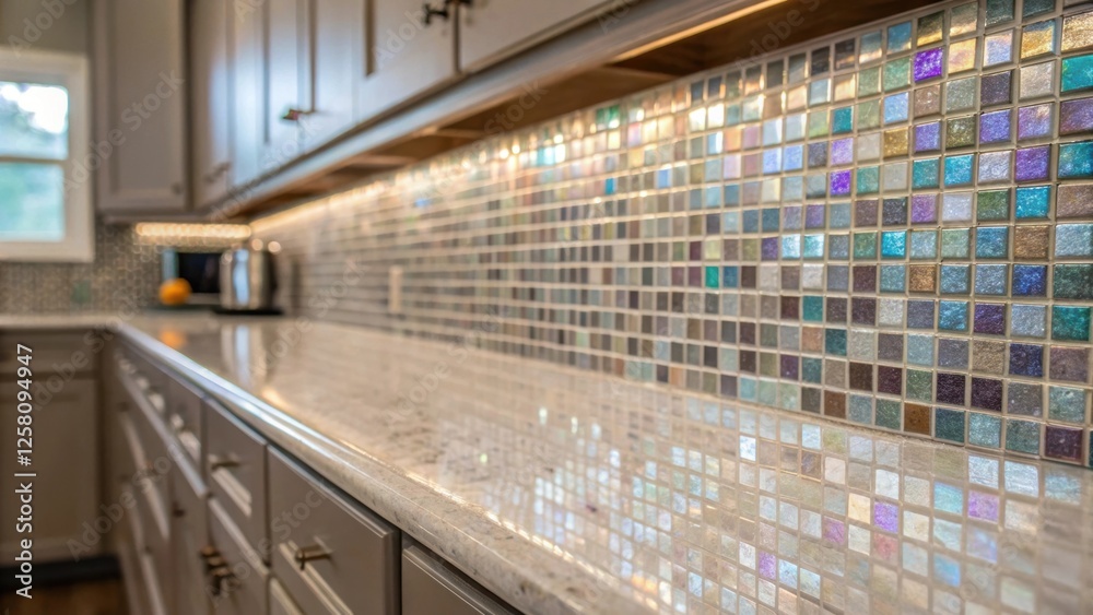 Aufkleber A medium closeup showing a completed section of a kitchen backsplash with an array of gleaming mosaic tiles catching the light and displaying their depth.
