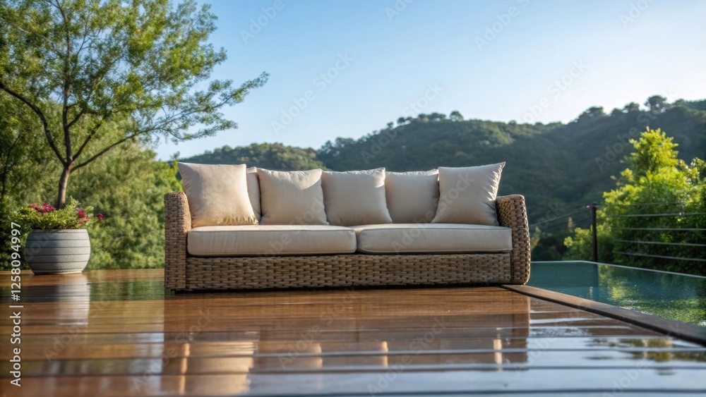 Poster a medium closeup showing a set of durable outdoor furniture atop polished decking with a focus on th