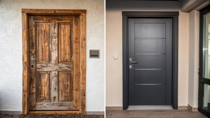 A medium closeup showing a beforeandafter view of an old door against a newly installed modern door illustrating the stark transformation in style and ambiance.