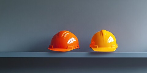 Photo of orange and yellow construction helmets on a shelf against a grey background. Web banner with copy space on the right.