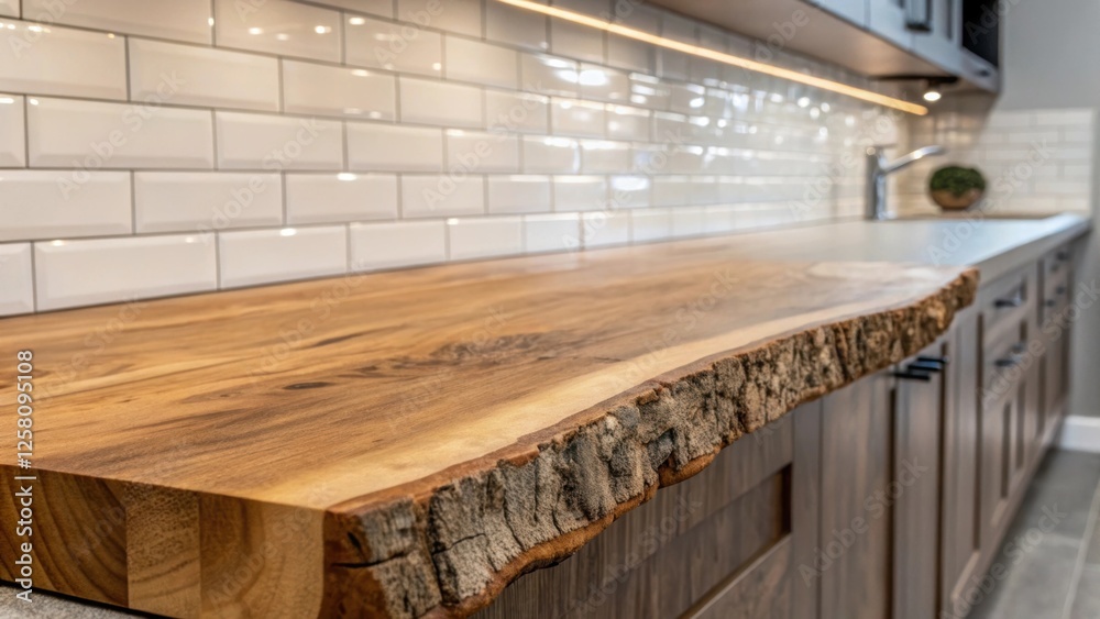 Poster a medium closeup showing the transition between a live edge wood countertop and a modern backsplash 