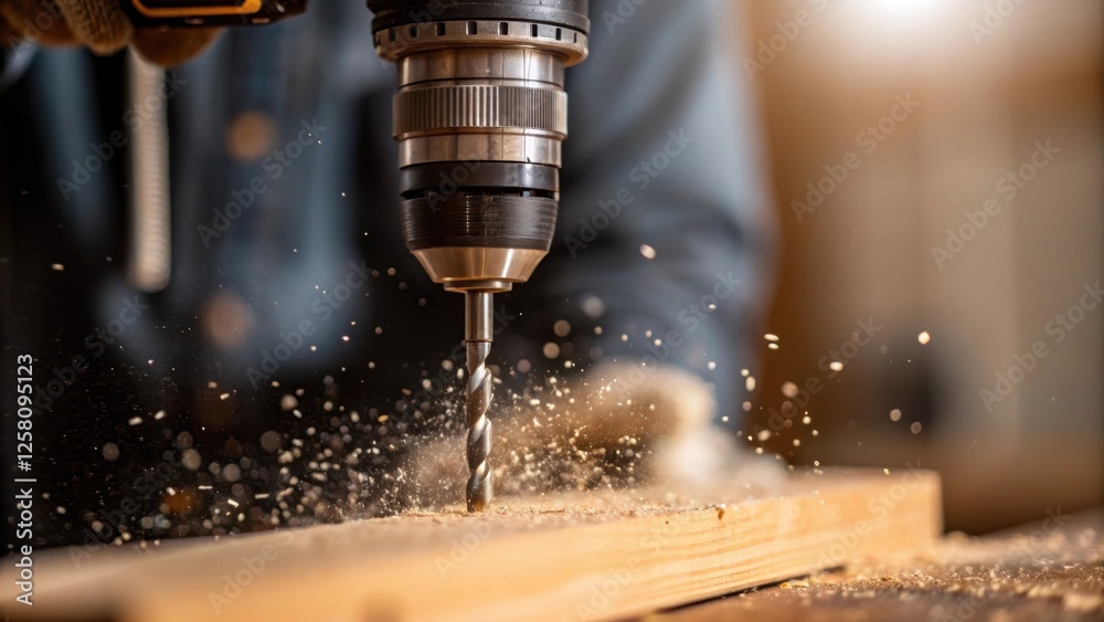 Poster A medium closeup showing the technician using a drill to create a hole for the light fixture with focus on the tool and bits surrounded by dust particles.