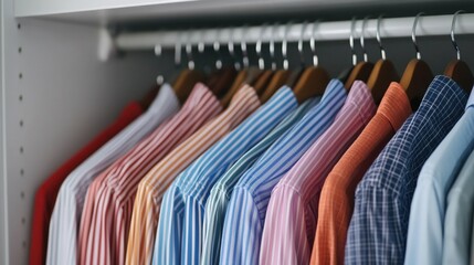Obraz premium Home organization and storage ideas, A neatly organized closet showcasing a variety of colorful shirts hanging on wooden hangers.