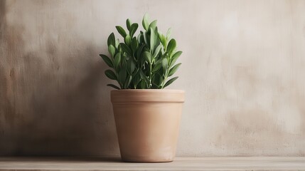 Obraz premium A beautifully potted plant in a rustic terracotta container set against a textured beige backdrop, evoking feelings of warmth and organic elegance in any space.