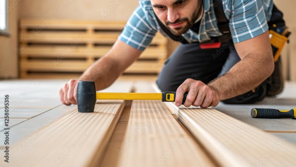 Aufkleber A medium closeup view of an installer meticulously applying pressure to the planks with a tapping block and mallet demonstrating the technique used to ensure a tight fit and