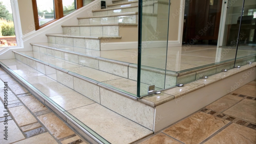 Poster A medium closeup view of the transition between the glass risers and a tiled landing highlighting the seamless integration of materials and the polished finish of both surfaces.