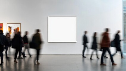 Photo of people walking in motion blur past an empty white frame on the wall, minimalist art gallery background.