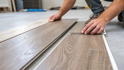 A medium closeup view of an installer aligning two planks together capturing the interlocking mechanism that ensures a secure fit while displaying the intricate grain patterns of
