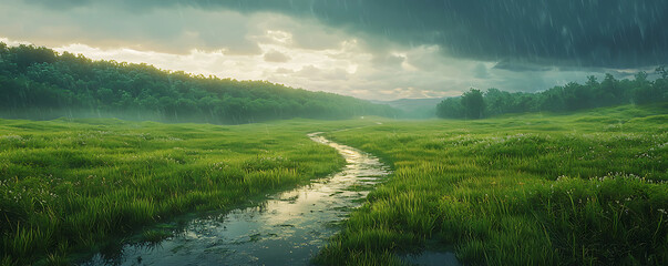 Fototapeta premium : A vast open countryside with rolling green fields and a meandering stream, captured under a dramatic sky as gentle rain falls, enhancing the peaceful atmosphere.