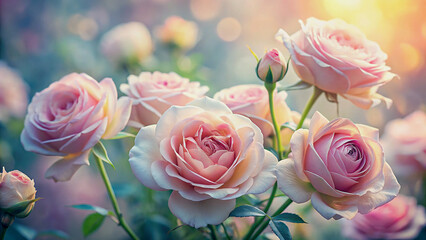 Delicate Pastel Roses in a Garden Setting, Perfect for Spring or Valentine's Day.